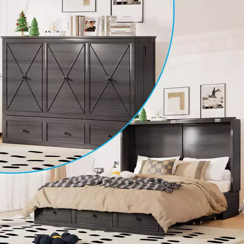Lit escamotable Mjkone Murphy avec matelas pliable, lit-armoire moderne avec tiroir de rangement et station de charge USB