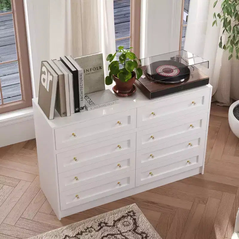 Commode horizontale 8 tiroirs Famapy, meuble pivotant multifonctionnel, commode blanche de chambre à coucher