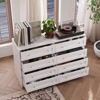 Commode horizontale 8 tiroirs Famapy, meuble pivotant multifonctionnel, commode blanche de chambre à coucher