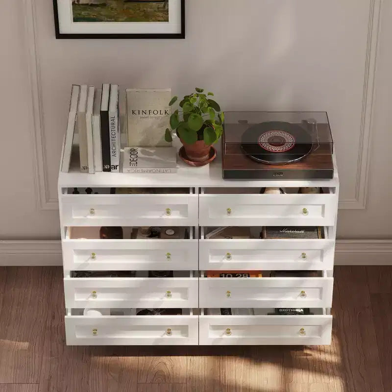 Commode horizontale 8 tiroirs Famapy, meuble pivotant multifonctionnel, commode blanche de chambre à coucher