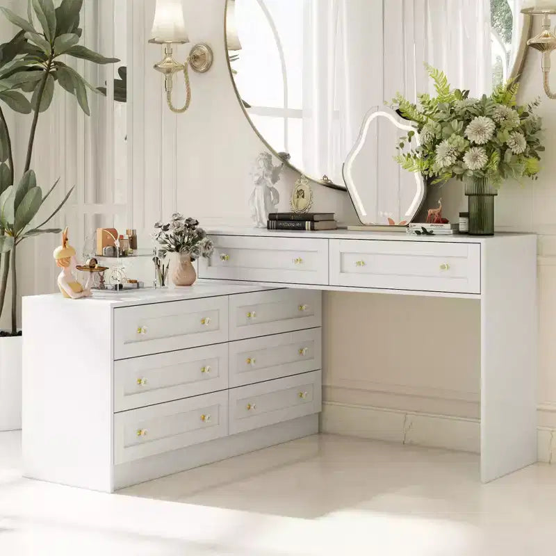 Commode horizontale 8 tiroirs Famapy, meuble pivotant multifonctionnel, commode blanche de chambre à coucher