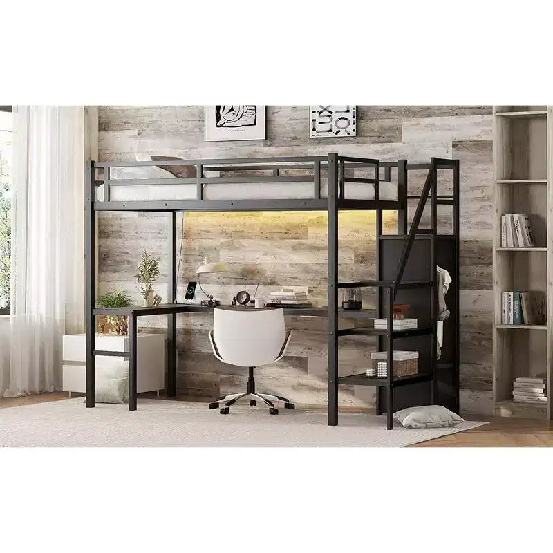 Okak Twin XL Metal High Loft Bunk Bed with L-shaped Desk & USB Heavy Duty Bedframe with Wardrobe & Adjustable Shelf LED for Adults Teens Kids, Black