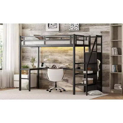 Okak Twin XL Metal High Loft Bunk Bed with L-shaped Desk & USB Heavy Duty Bedframe with Wardrobe & Adjustable Shelf LED for Adults Teens Kids, Black