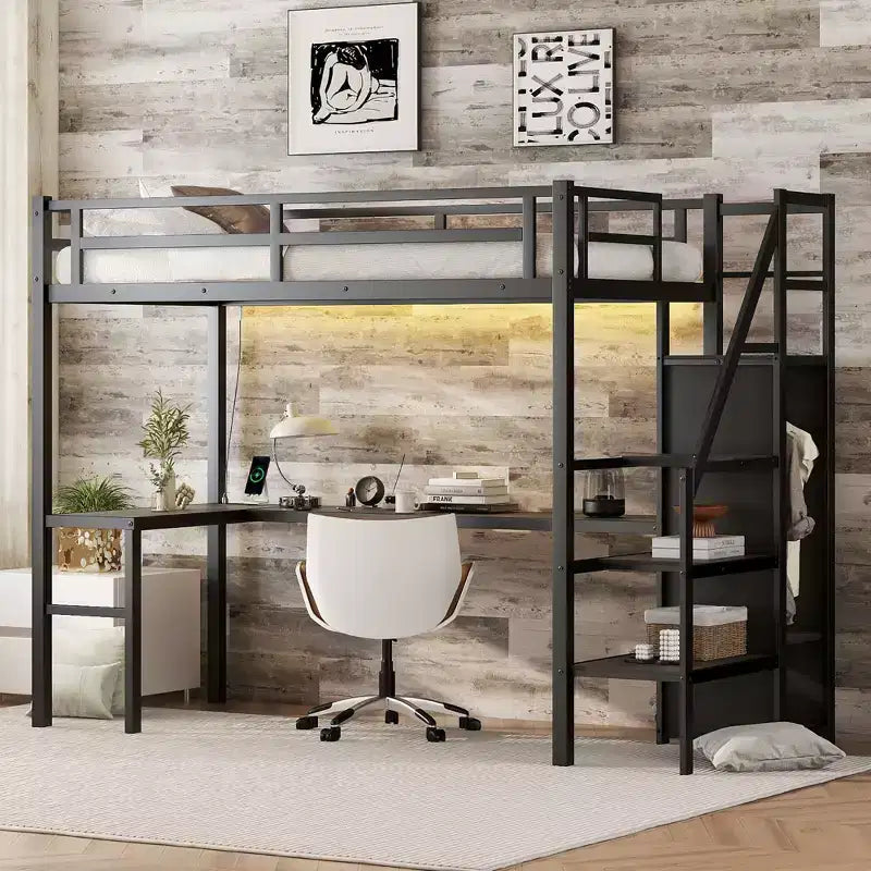 Okak Lit superposé mezzanine en métal Twin XL avec bureau en L et port USB, cadre de lit robuste avec armoire et étagère réglable à LED pour adultes, adolescents, enfants, noir