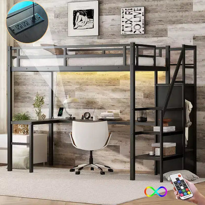 Okak Lit superposé mezzanine en métal Twin XL avec bureau en L et port USB, cadre de lit robuste avec armoire et étagère réglable à LED pour adultes, adolescents, enfants, noir