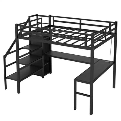 Okak Lit superposé mezzanine en métal Twin XL avec bureau en L et port USB, cadre de lit robuste avec armoire et étagère réglable à LED pour adultes, adolescents, enfants, noir