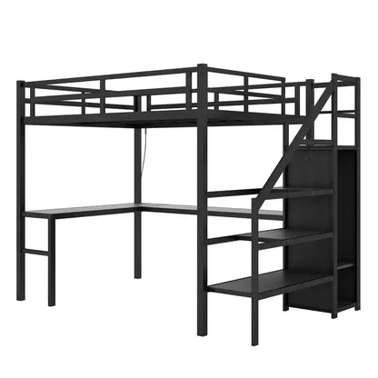 Okak Lit superposé mezzanine en métal Twin XL avec bureau en L et port USB, cadre de lit robuste avec armoire et étagère réglable à LED pour adultes, adolescents, enfants, noir