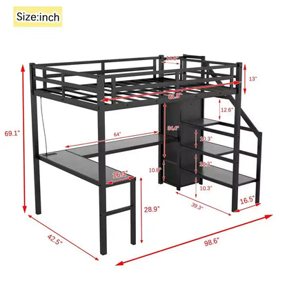 Okak Lit superposé mezzanine en métal Twin XL avec bureau en L et port USB, cadre de lit robuste avec armoire et étagère réglable à LED pour adultes, adolescents, enfants, noir