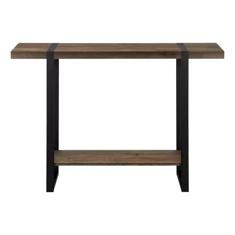 HomeRoots 47 Brown and Black Wood and Metal Distressed Sled Console Table With Shelf