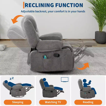 Fauteuils inclinables pivotants à 360° avec massage par vibration et chauffage, fauteuil inclinable rembourré avec accoudoir de rangement