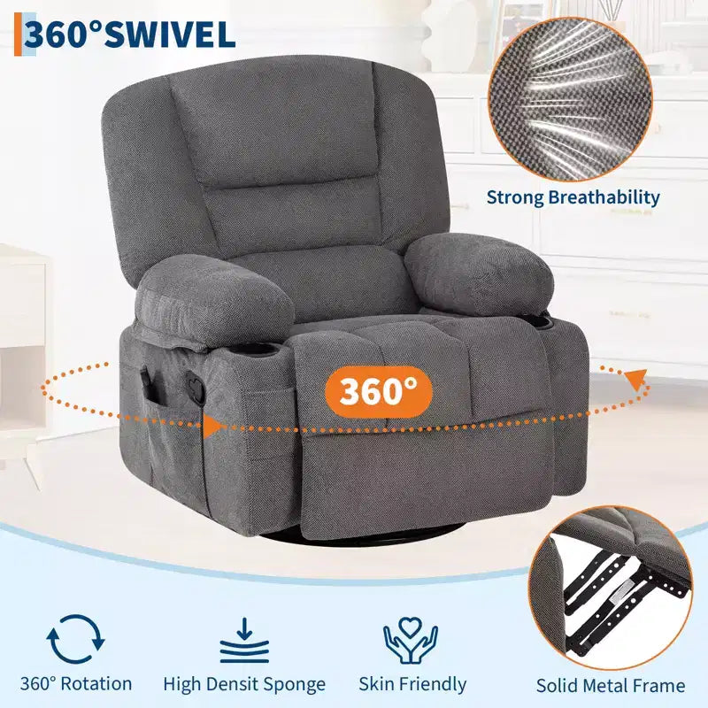 Fauteuils inclinables pivotants à 360° avec massage par vibration et chauffage, fauteuil inclinable rembourré avec accoudoir de rangement