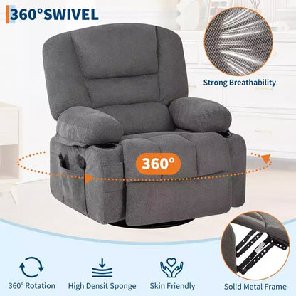 Fauteuils inclinables pivotants à 360° avec massage par vibration et chauffage, fauteuil inclinable rembourré avec accoudoir de rangement