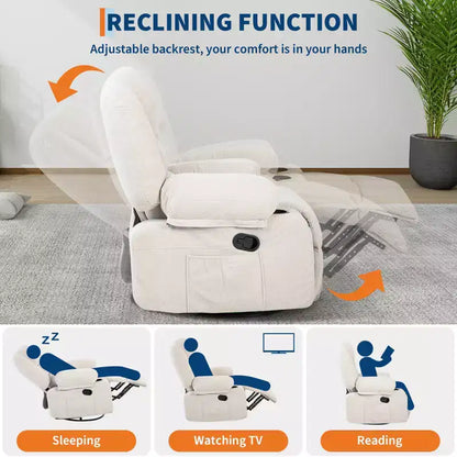 Fauteuils inclinables pivotants à 360° avec massage par vibration et chauffage, fauteuil inclinable rembourré avec accoudoir de rangement