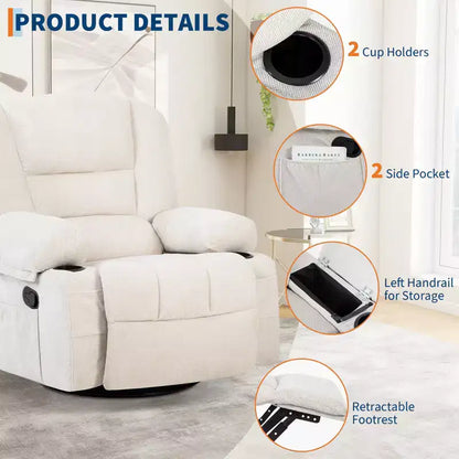 Fauteuils inclinables pivotants à 360° avec massage par vibration et chauffage, fauteuil inclinable rembourré avec accoudoir de rangement