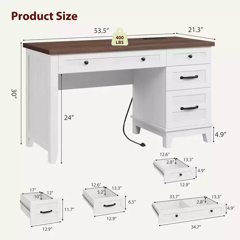 Bureau de direction de 53,5 pouces avec 4 tiroirs, bureau de télétravail de style rustique avec classeur, bureau d'ordinateur en bois pour l'étude, table de conférence