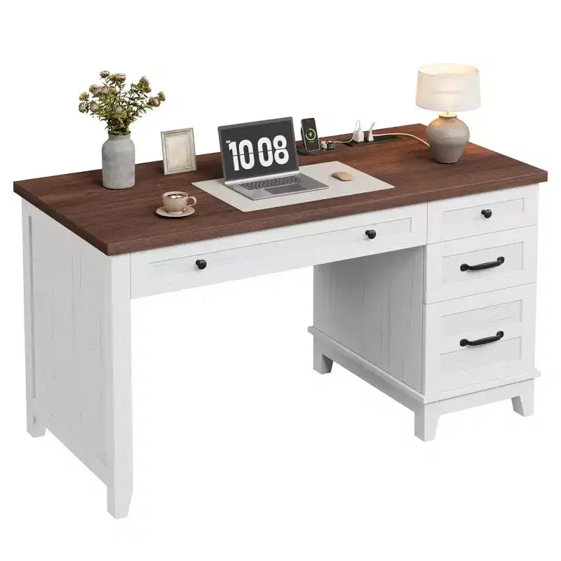Bureau de direction de 53,5 pouces avec 4 tiroirs, bureau de télétravail de style rustique avec classeur, bureau d'ordinateur en bois pour l'étude, table de conférence