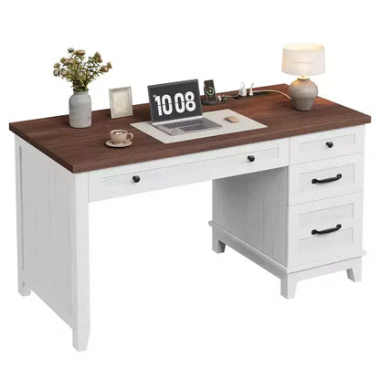 Bureau de direction de 53,5 pouces avec 4 tiroirs, bureau de télétravail de style rustique avec classeur, bureau d'ordinateur en bois pour l'étude, table de conférence
