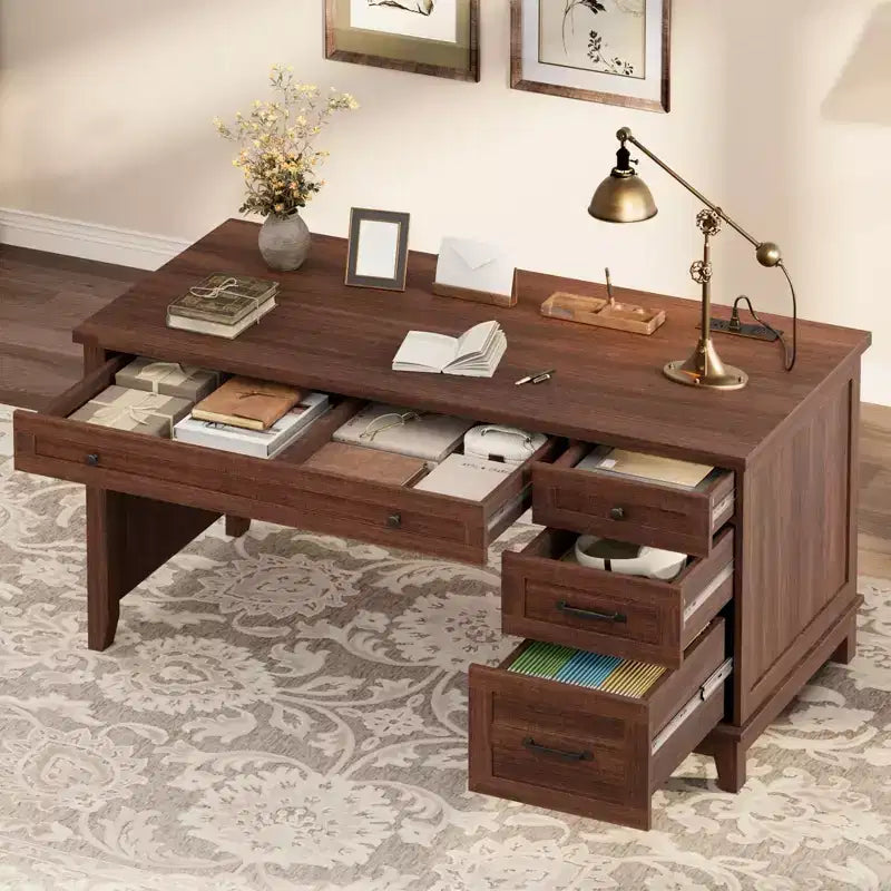 Bureau de direction de 53,5 pouces avec 4 tiroirs, bureau de télétravail de style rustique avec classeur, bureau d'ordinateur en bois pour l'étude, table de conférence