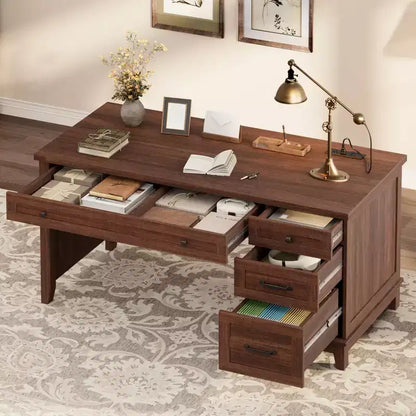 Bureau de direction de 53,5 pouces avec 4 tiroirs, bureau de télétravail de style rustique avec classeur, bureau d'ordinateur en bois pour l'étude, table de conférence