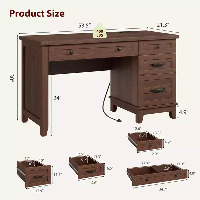 Bureau de direction de 53,5 pouces avec 4 tiroirs, bureau de télétravail de style rustique avec classeur, bureau d'ordinateur en bois pour l'étude, table de conférence