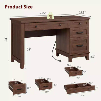 Bureau de direction de 53,5 pouces avec 4 tiroirs, bureau de télétravail de style rustique avec classeur, bureau d'ordinateur en bois pour l'étude, table de conférence