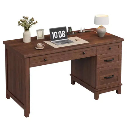 Bureau de direction de 53,5 pouces avec 4 tiroirs, bureau de télétravail de style rustique avec classeur, bureau d'ordinateur en bois pour l'étude, table de conférence