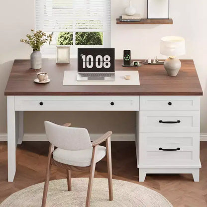 Bureau de direction de 53,5 pouces avec 4 tiroirs, bureau de télétravail de style rustique avec classeur, bureau d'ordinateur en bois pour l'étude, table de conférence