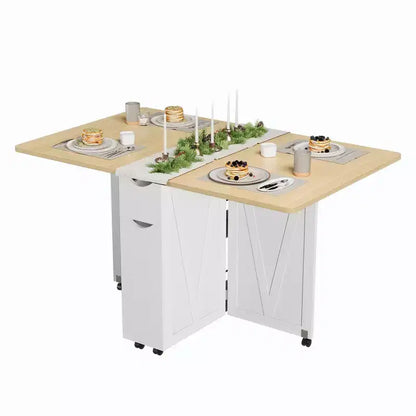 Table à manger pliante en bois avec 6 roulettes, table à abattants avec tiroir et étagère de rangement pour cuisine et salle à manger