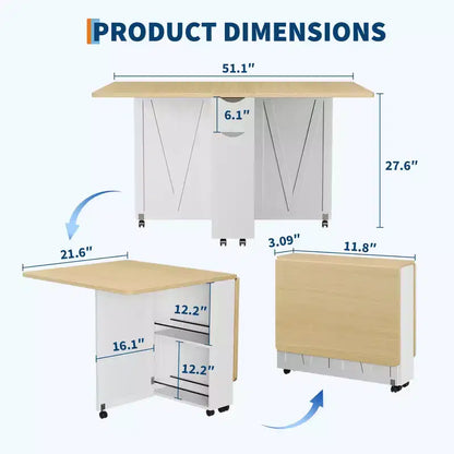 Table à manger pliante en bois avec 6 roulettes, table à abattants avec tiroir et étagère de rangement pour cuisine et salle à manger