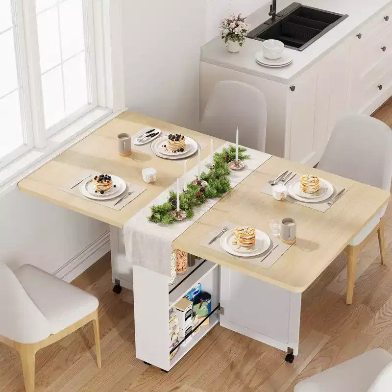 Table à manger pliante en bois avec 6 roulettes, table à abattants avec tiroir et étagère de rangement pour cuisine et salle à manger