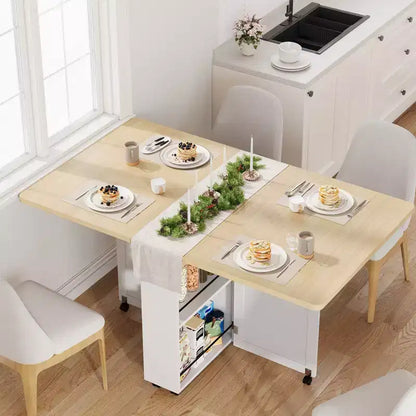 Table à manger pliante en bois avec 6 roulettes, table à abattants avec tiroir et étagère de rangement pour cuisine et salle à manger