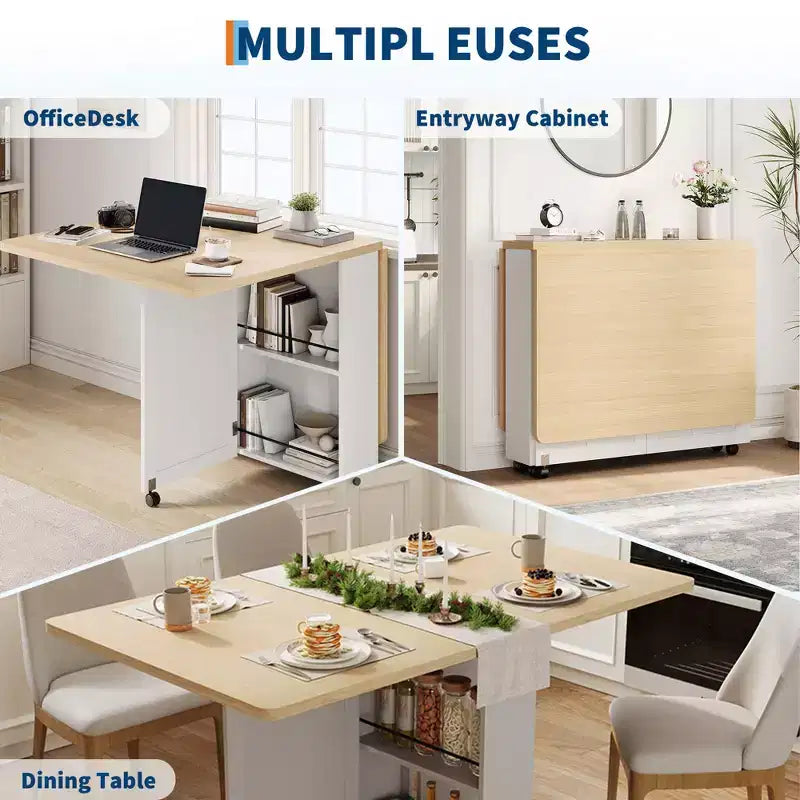 Table à manger pliante en bois avec 6 roulettes, table à abattants avec tiroir et étagère de rangement pour cuisine et salle à manger
