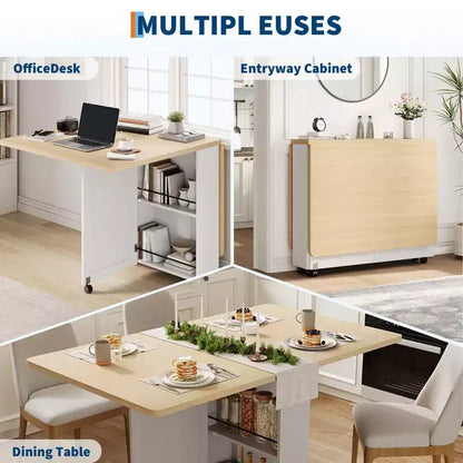 Table à manger pliante en bois avec 6 roulettes, table à abattants avec tiroir et étagère de rangement pour cuisine et salle à manger