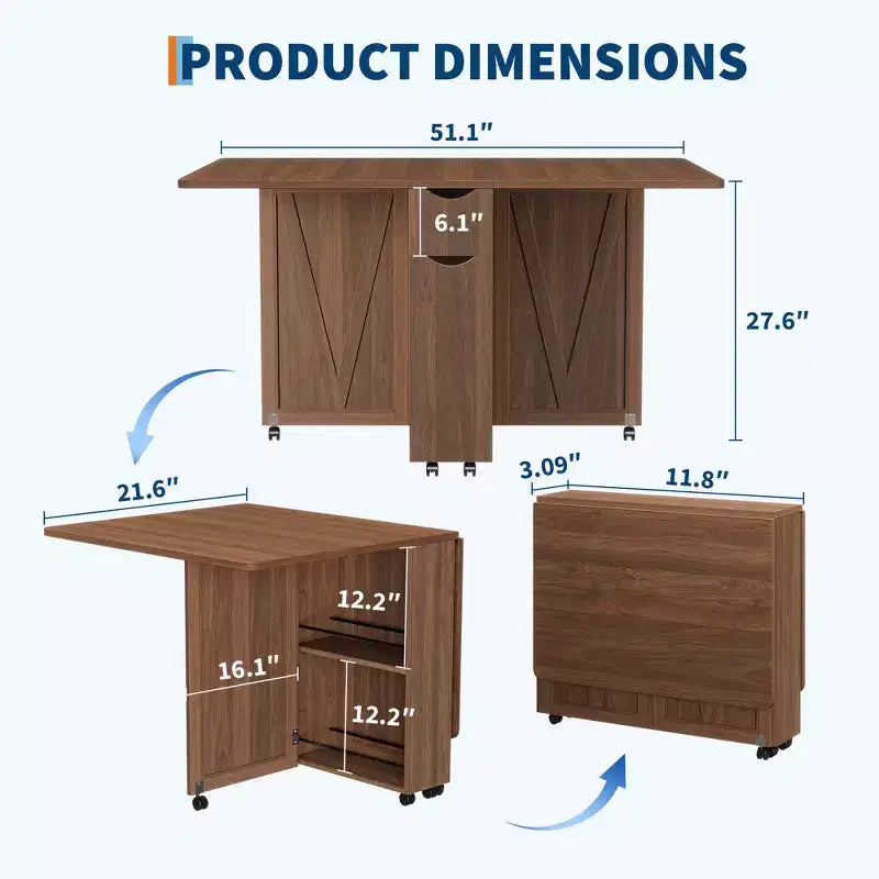 Table à manger pliante en bois avec 6 roulettes, table à abattants avec tiroir et étagère de rangement pour cuisine et salle à manger