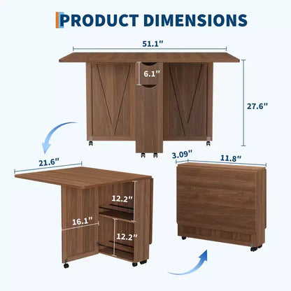 Table à manger pliante en bois avec 6 roulettes, table à abattants avec tiroir et étagère de rangement pour cuisine et salle à manger