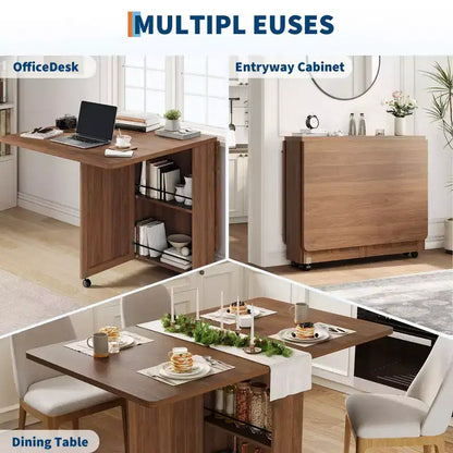 Table à manger pliante en bois avec 6 roulettes, table à abattants avec tiroir et étagère de rangement pour cuisine et salle à manger