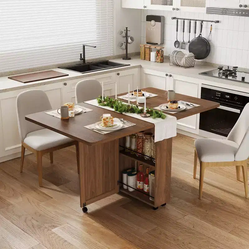 Wood Folding Dining Table with 6 Wheels, Drop Leaf Table with Drawer & Storage Shelf for Kitchen and Dining Room
