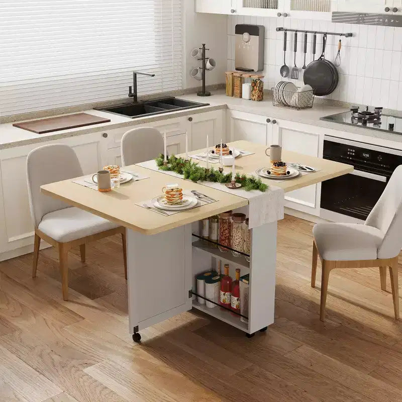 Table à manger pliante en bois avec 6 roulettes, table à abattants avec tiroir et étagère de rangement pour cuisine et salle à manger