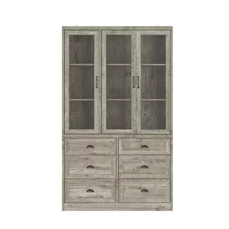 Famapy Vintage Kitchen Cabinet with Adjustable Shelves Rustic Storage Hutch with 6 Drawers Kitchen Pantry with Glass Door Antique-Style