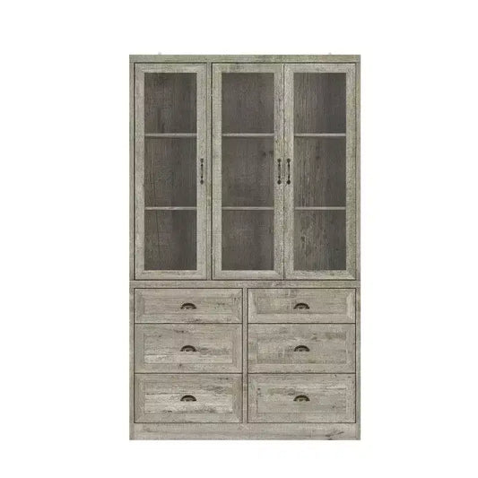 Famapy Vintage Kitchen Cabinet with Adjustable Shelves Rustic Storage Hutch with 6 Drawers Kitchen Pantry with Glass Door Antique-Style