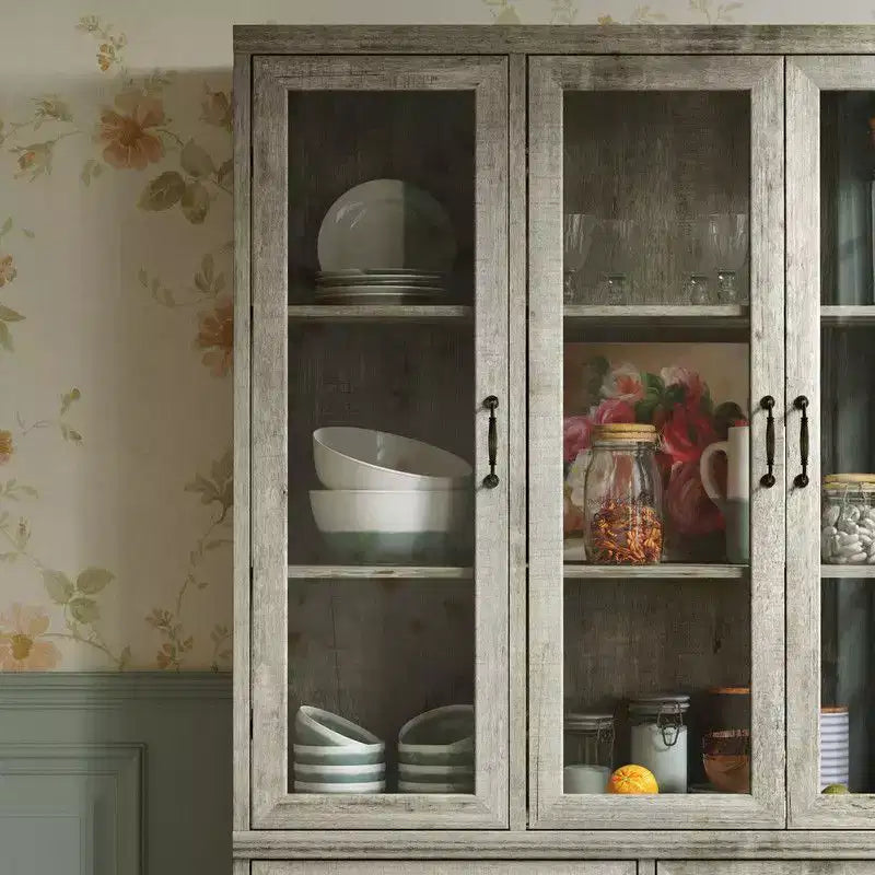 Meuble de cuisine vintage Famapy avec étagères réglables, buffet de rangement rustique avec 6 tiroirs, garde-manger de cuisine avec porte vitrée de style antique