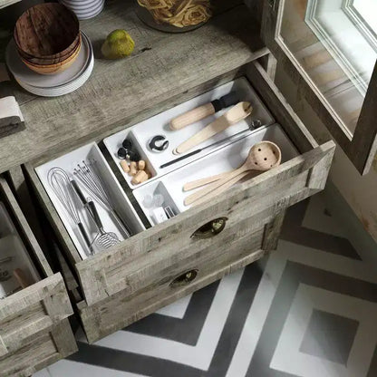 Meuble de cuisine vintage Famapy avec étagères réglables, buffet de rangement rustique avec 6 tiroirs, garde-manger de cuisine avec porte vitrée de style antique
