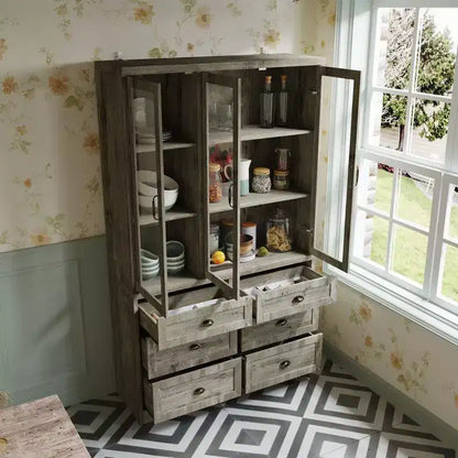 Meuble de cuisine vintage Famapy avec étagères réglables, buffet de rangement rustique avec 6 tiroirs, garde-manger de cuisine avec porte vitrée de style antique