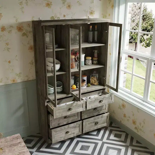 Meuble de cuisine vintage Famapy avec étagères réglables, buffet de rangement rustique avec 6 tiroirs, garde-manger de cuisine avec porte vitrée de style antique