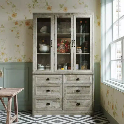 Meuble de cuisine vintage Famapy avec étagères réglables, buffet de rangement rustique avec 6 tiroirs, garde-manger de cuisine avec porte vitrée de style antique
