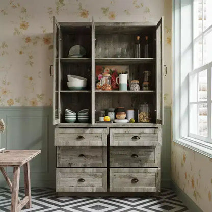 Meuble de cuisine vintage Famapy avec étagères réglables, buffet de rangement rustique avec 6 tiroirs, garde-manger de cuisine avec porte vitrée de style antique