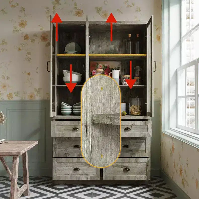 Meuble de cuisine vintage Famapy avec étagères réglables, buffet de rangement rustique avec 6 tiroirs, garde-manger de cuisine avec porte vitrée de style antique