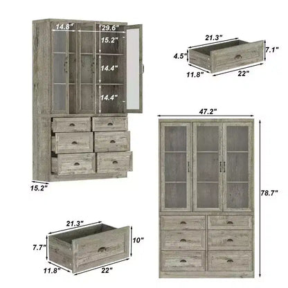 Meuble de cuisine vintage Famapy avec étagères réglables, buffet de rangement rustique avec 6 tiroirs, garde-manger de cuisine avec porte vitrée de style antique