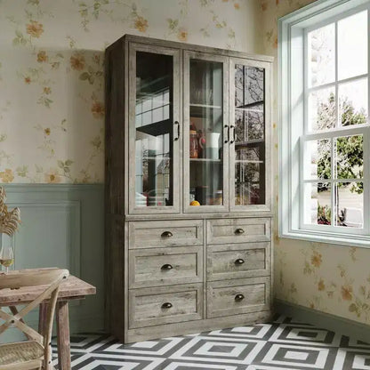 Meuble de cuisine vintage Famapy avec étagères réglables, buffet de rangement rustique avec 6 tiroirs, garde-manger de cuisine avec porte vitrée de style antique