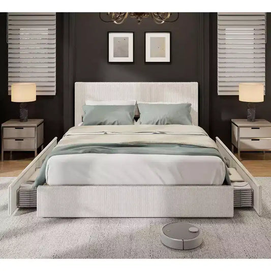 Full Size Bed Frame with 4 Storage Drawers, Upholstered Channel Tufted Wingback Headboard, Strong Wooden Slats Support, No Box Spring Needed.